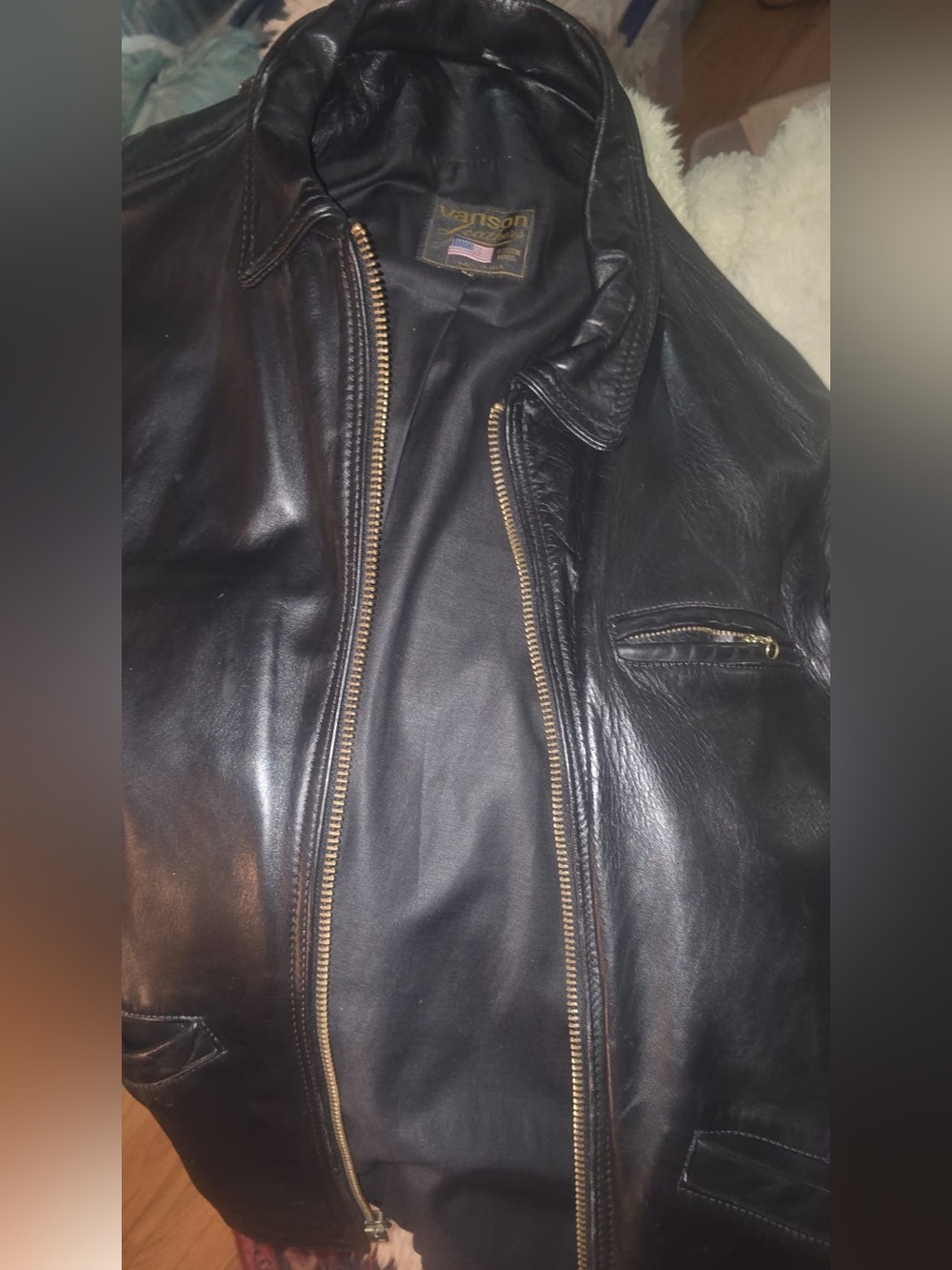 Vanson Black Leather Bomber Jacket with Gold Zippers